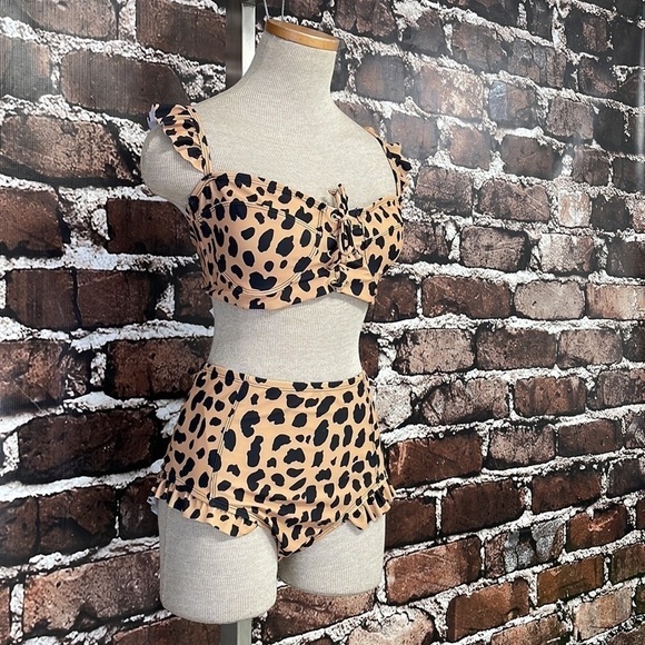 Marina West NWT Bikini Set Sweetheart High Rise Tan Cheetah Print Size Large - Picture 5 of 16